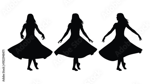 Three silhouetted figures of women in flowing dresses appearing to dance or pose