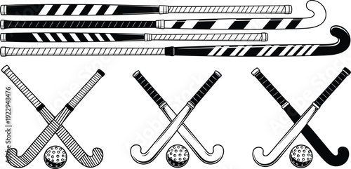 Field hockey equipment illustration vector with sticks balls crossed designs, sports training graphics, educational design concept, black and white creative art collection