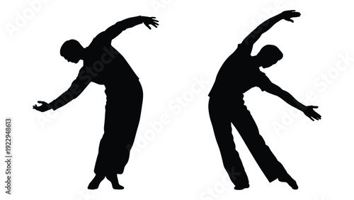 Silhouettes of two individuals performing stretching exercises depicted in black