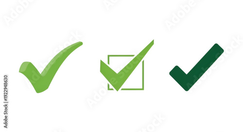 Three icons depicting various states of checked boxes with green ticks. isolated on transparent background, | Vector