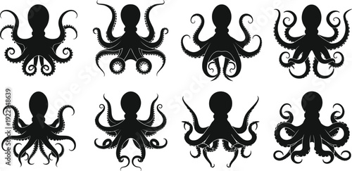 Black silhouette vector collection of various octopus species with curved tentacles and suckers in different symmetrical poses isolated on a white background.