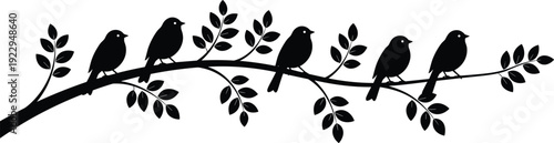 Black silhouette vector illustration featuring a group of small songbirds perched on a long curved tree branch with many detailed leaves isolated.