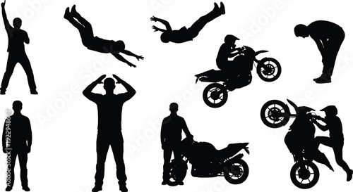Human figures and motorcycle silhouettes illustration vector dynamic poses riding standing wheelie graphics, motion activity design concept, black and white creative art collection