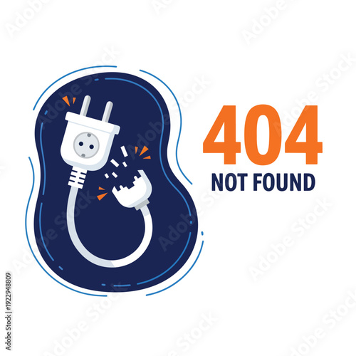 Broken power plug and 404 Not Found error message vector concept for website issues