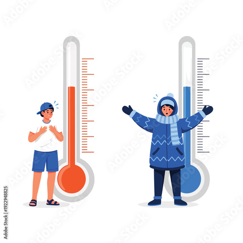 Illustration showing individuals reacting to hot and cold temperatures with large thermometers
