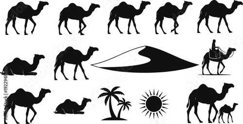Here is the requested title and keyword set optimized for Adobe Stock search algorithms, focusing on desert travel and camel silhouettes.