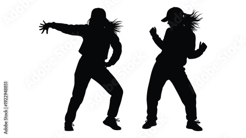 Silhouettes of two people energetically dancing and posing against a white background