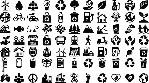 Large collection of black eco-friendly icons featuring solar panels, wind turbines, recycling symbols, electric cars, and nature elements isolated on a white background.