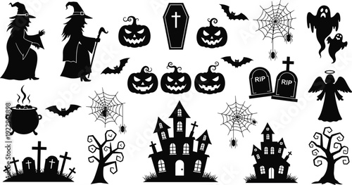 Large collection of Halloween silhouette vectors featuring witches, haunted houses, spooky pumpkins, ghosts, bats, spiders, gravestones, and creepy trees on white background for design.