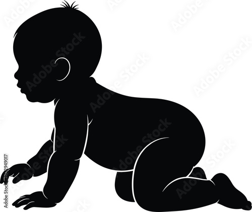 Crawling baby silhouette illustration vector childhood development milestone graphics, innocence growth symbolic design concept, black and white creative art collection