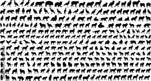 Mega collection of hundreds of small animal silhouettes including various dog breeds, cats, wild birds, farm livestock, and wildlife mammals on white background.