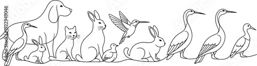 Minimalist continuous line art vector featuring a dog, cat, rabbits, hummingbird, and various birds like herons and ducks isolated on a white background.