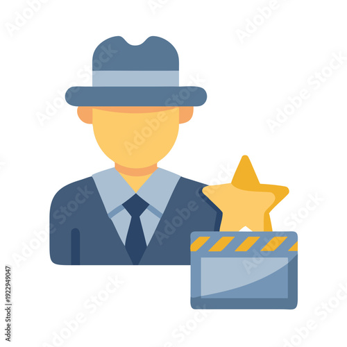 Flat icon depicting a classic Hollywood director with a star award and clapperboard
