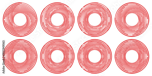 Red concentric ripple circles set. Sonar or sound wave rings collection. Epicentre, target, radar icon concept. Radial signal or vibration elements. Halftone vector illustration
