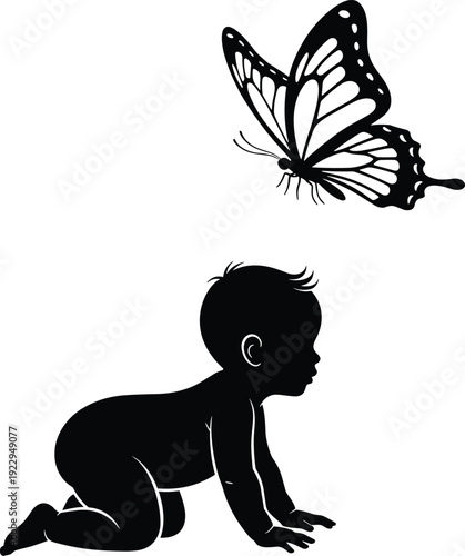 Crawling baby silhouette illustration vector looking up at butterfly, innocence curiosity nature exploration graphics, symbolic design concept, black and white creative art collection