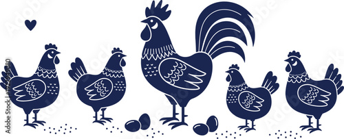 Vector illustration featuring a rooster and four hens with eggs and birdseed in a stylized folk art silhouette style on white background.