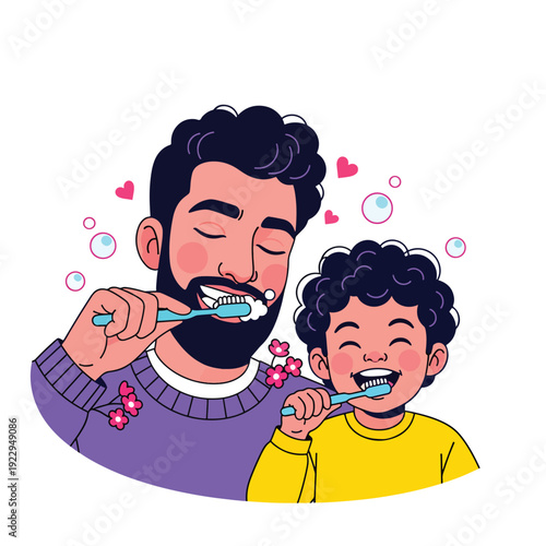 Happy father and son brushing teeth together, family morning routine illustration