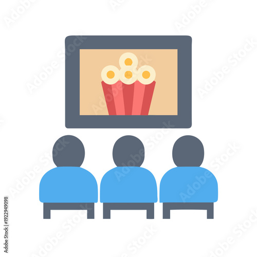 Cinema Audience Watching a Movie with Popcorn on Screen, Flat Design