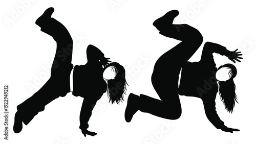 Silhouettes of three women in dynamic poses seemingly dancing or exercising
