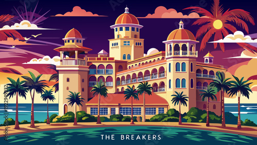 Very beautiful The Breakers in Palm Beach showcases grand Italian Renaissance architecture, oceanfront splendor, and timeless luxury along the Florida coast, USA.
