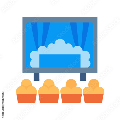 Cartoon Stage with Blue Backdrop and Seats, Suitable for Kids Shows