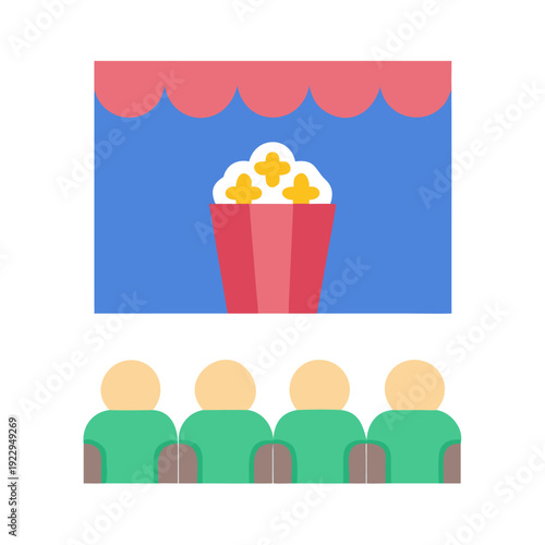 Cartoon movie theater scene with popcorn and audience watching a film