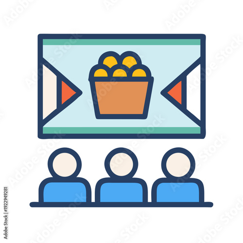 Digital illustration of a conference with attendees watching a presentation screen