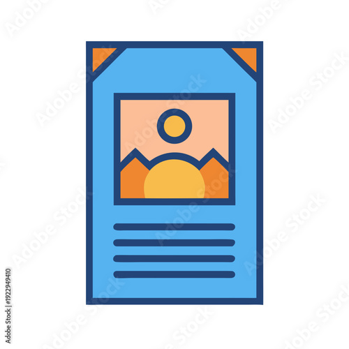 Retro style blue bulletin board with mountain sunrise image on top section