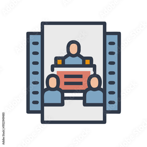 Corporate presentation graphic, depicting a speaker and attendees in a conference setting