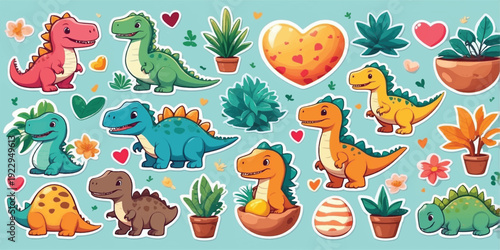 Colorful Cute Dinosaur Sticker Set Illustration. Dinosaur with T Rex, Stegosaurus, Triceratops, Baby Dino, Potted Plants, Hearts and Cartoon Prehistoric Characters Design