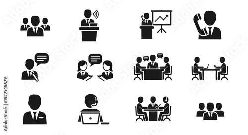 Comprehensive Set of Business Interaction and Communication Icons on Isolated White Background