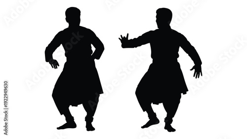 Two silhouetted figures displaying traditional dance poses against a white background