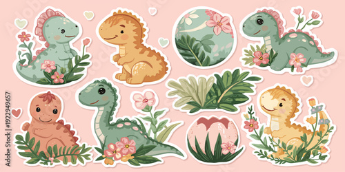 Pastel Baby Dinosaur Sticker Illustration. Dinosaur Sticker Set with Cute Dino Characters, Floral Frames, Leaves, Flowers and Heart Elements Cartoon Nursery Design