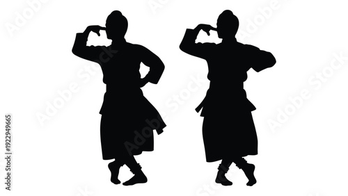 Two silhouetted figures performing a traditional dance pose with raised hands