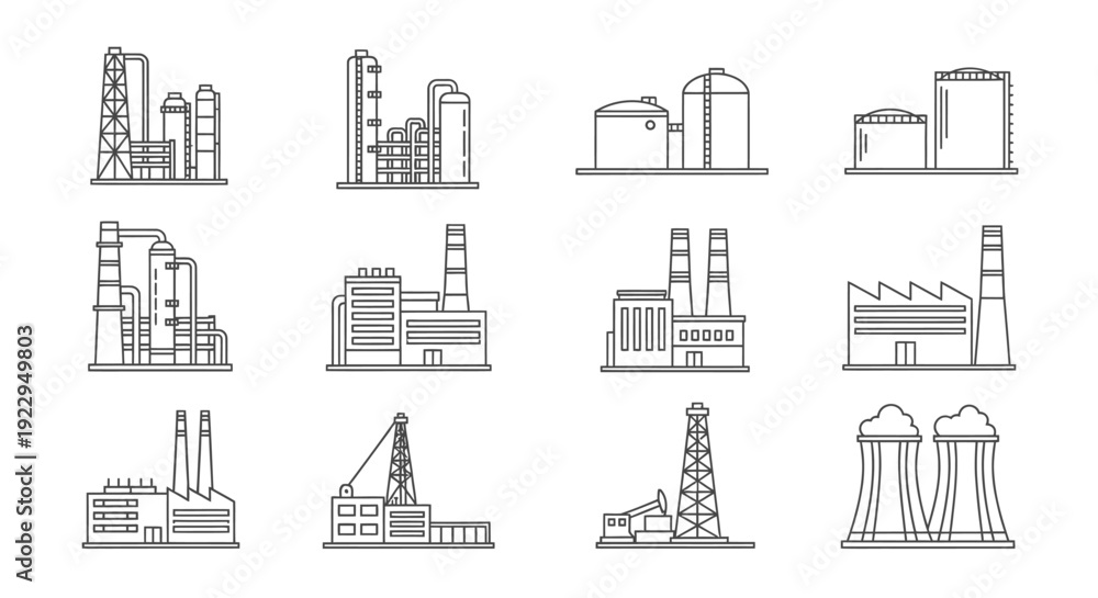 Obraz premium Set of line art industrial factory buildings, power plants, and oil refineries on isolated white background