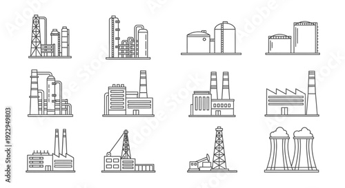 Set of line art industrial factory buildings, power plants, and oil refineries on isolated white background