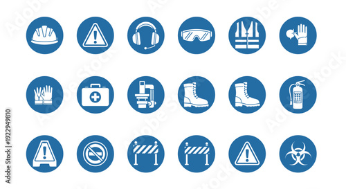 Industrial safety and personal protective equipment (PPE) icons set on blue circles, isolated white background