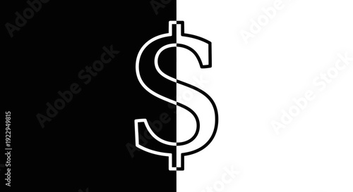 Two tone black and white dollar currency sign icon on split background, representing finance