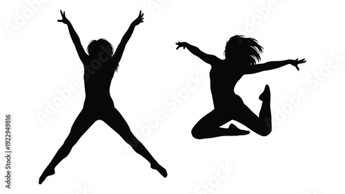 Two silhouettes of women jumping and dancing captured in a dynamic pose