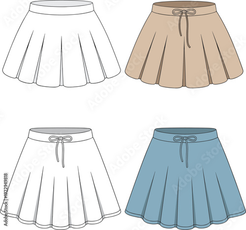 Fashion flat sketch of pleated mini skirts with waistband, drawstring detail, flared hem, technical cad drawing vector illustration design