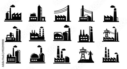 Set of black industrial factory buildings and power plant icons on isolated white background