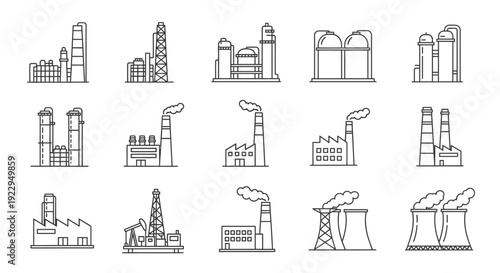 Outline Set of Industrial Factories, Oil Rigs, and Power Plants Line Icons, Isolated White Background