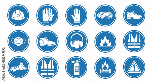 Extensive Collection of Industrial Safety, PPE, and Hazard Warning Icons on Blue Circles, Isolated White Background