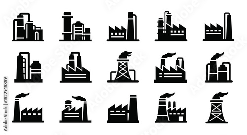 Variety of Industrial Factory and Cooling Tower Silhouette Icons, Isolated White Background