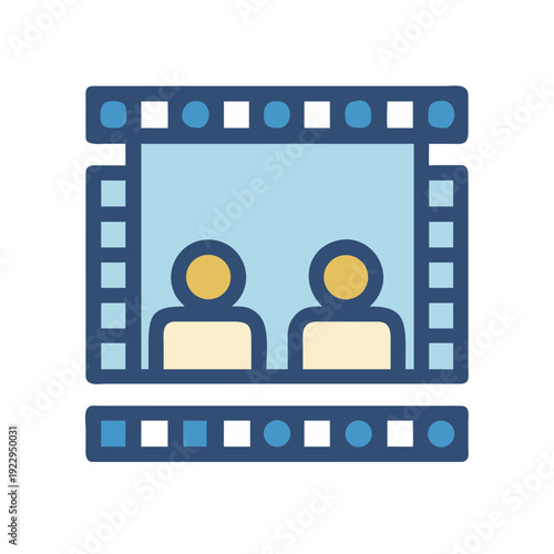 Abstract movie film with two people in frame, flat design, light blue