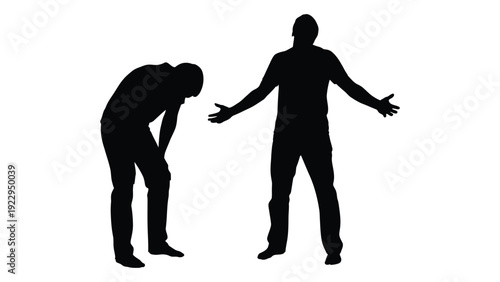 Two figures in silhouette depict a moment of interaction one bending and the other gesturing