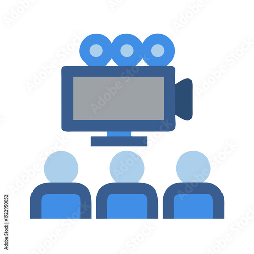 Iconic Film Crew Watching Movie Camera, cinematic production illustration on black