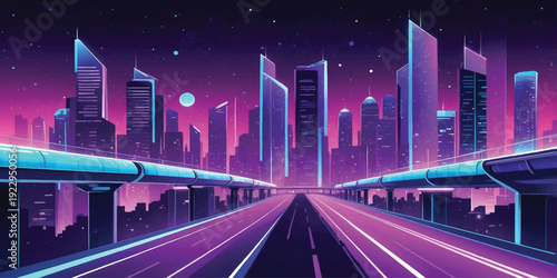 Cyberpunk Neon City Illustration. Neon City  with Futuristic Skyscrapers, Elevated Highways, Glowing Lights, Starry Night Sky and Purple Pink Sci Fi Urban Skyline Background Design