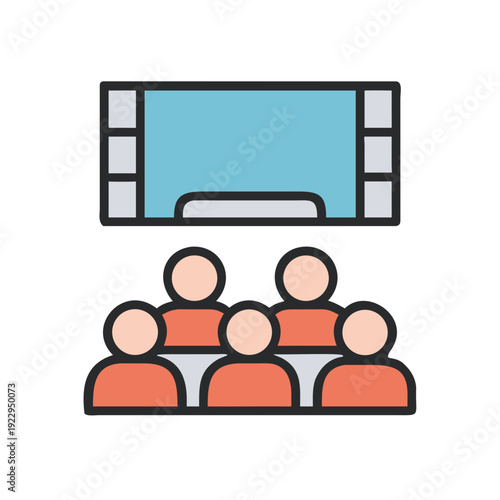Icon illustration of people in cinema with screen watching movie together
