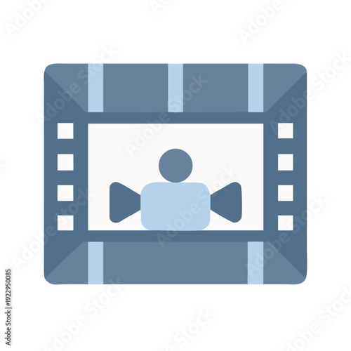 Flat vector illustration of a movie camera icon on a film strip frame